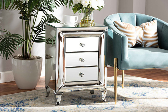 Pauline Contemporary Glam and Luxe Mirrored 3-Drawer Nightstand RXF-2441-NS By Baxton Studio