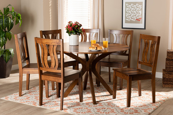 Mare Modern and Contemporary Transitional Walnut Brown Finished Wood 7-Piece Dining Set Mare-Walnut-7PC Dining Set By Baxton Studio