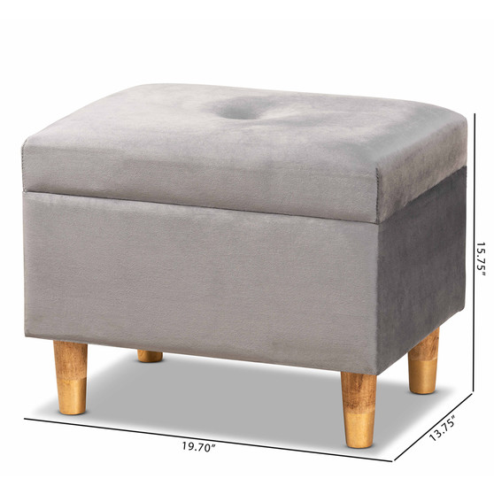 Elias Modern and Contemporary Grey Velvet Fabric Upholstered and Oak Brown Finished Wood Storage Ottoman JY20A250-Grey Velvet-Otto By Baxton Studio