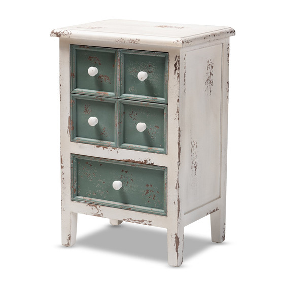 Angeline Antique French Country Cottage Distressed White And Teal Finished Wood 5-Drawer Accent Chest HY2AB040-White-Chest By Baxton Studio