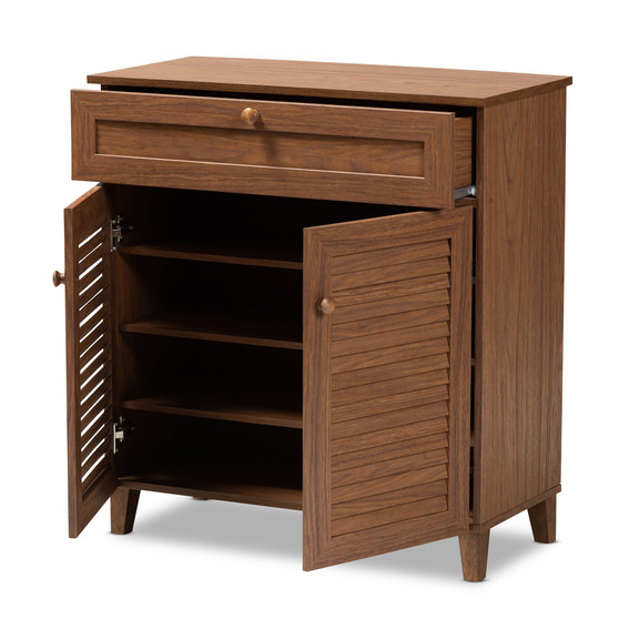 Coolidge Modern And Contemporary Walnut Finished 4-Shelf Wood Shoe Storage Cabinet With Drawer FP-02LV-Walnut By Baxton Studio