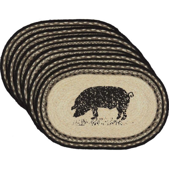 Sawyer Mill Charcoal Pig Jute Placemat Set Of 6 12X18 "34097"