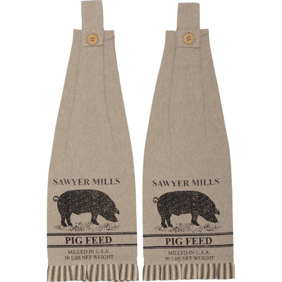 Sawyer Mill Charcoal Pig Button Loop Kitchen Towel Set Of 2 "45877"