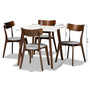 "Monte-Walnut-Oval-DT" Reba Mid-Century Modern Light Grey Fabric Upholstered And Walnut Brown Finished Wood 5-Piece Dining Set With Faux Marble Dining Table