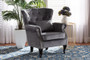 "ZQ-01-Shiny Velvet Grey-Chair" Baxton Studio Fletcher Classic and Traditional Grey Velvet Fabric Upholstered and Dark Brown Finished Wood Armchair
