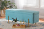 "FZD0223-Light Blue Velvet-Bench" Baxton Studio Rockwell Contemporary Glam and Luxe Sky Blue Velvet Fabric Upholstered and Gold Finished Metal Storage Bench