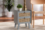 "7633-Grey/Rattan-NS" Baxton Studio Waller Mid-Century Modern Natural Rattan and Grey Finished Wood 2-Drawer Nightstand