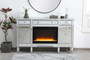 Contempo 60 In. Mirrored Credenza With Crystal Fireplace In Antique Silver "MF61060SC-F2"