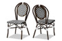 "WA-4094V-Black/White-DC" Baxton Studio Alaire Classic French Black And White Weaving And Dark Brown Metal 2-Piece Outdoor Dining Chair Set