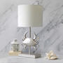 Simple Designs Shoreside 18.25" Tall Coastal Brushed Nickel And Polyresin Pinching Crab Shaped Bedside Table Desk Lamp With White Fabric Drum Shade "LT1090-BSN"