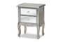 "JY18A035-Silver-ET" Baxton Studio Leonie Modern Transitional French Brushed Silver Finished Wood And Mirrored Glass 2-Drawer End Table