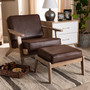 Sigrid Mid-Century Modern Dark Brown Faux Leather Effect Fabric Upholstered Antique Oak Finished 2-Piece Wood Armchair and Ottoman Set Sigrid-Dark Brown/Antique Oak-2PC Set By Baxton Studio