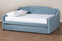Freda Transitional and Contemporary Light Blue Velvet Fabric Upholstered and Button Tufted Queen Size Daybed with Trundle Freda-Light Blue Velvet-Daybed-Q/T By Baxton Studio