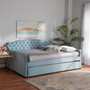 Freda Transitional and Contemporary Light Blue Velvet Fabric Upholstered and Button Tufted Queen Size Daybed with Trundle Freda-Light Blue Velvet-Daybed-Q/T By Baxton Studio