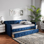 Jona Modern and Contemporary Transitional Navy Blue Velvet Fabric Upholstered and Button Tufted Twin Size Daybed with Trundle CF9183-Navy Blue-Daybed-T/T By Baxton Studio
