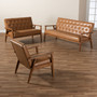 Sorrento Mid-Century Modern Tan Faux Leather Upholstered and Walnut Brown Finished Wood 3-Piece Living Room Set BBT8013-Tan 3PC Living Room Set By Baxton Studio