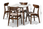 Paras Mid-Century Modern Transitional Light Beige Fabric Upholstered and Walnut Brown Finished Wood 5-Piece Dining Set with Faux Marble Dining Table Paras-Latte/Walnut-5PC Dining Set By Baxton Studio