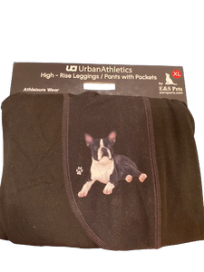 Boston Terrier High Rise Leggings with 3 pockets, 2 outside on legs for phone, one inside waistband. Boston Terrier High Rise Leggings with 3 pockets, 2 outside on legs for phone, one inside waistband.