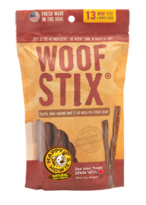Natural Woof Stix® – Made in the USA, this slow-cooked treat is shaped like Bully Sticks, but made with natural beef in an easy-to-break shape. Woof Stix® are an excellent way to reward your dog.