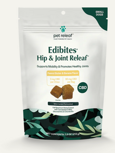 Peanut Butter and Banana Flavor for Hip and Joint Releaf- 4 options:
3mg CBD/Chew, 90mg/bag for Small dogs-7.5oz bag
6mg CBD/treat, 180mg CBD/bag-for Med-Large Dogs -7.5oz bag
6mg/treat, 300mg CBD/bag Family Pack for all dogs- 12.5oz
Trial Pkg: 3mg CBD/treat, 10 treats/bag- 2.5oz
Keep your pet active and comfortable with Peanut Butter Banana Hip & Joint Edibites. These CBD chews support smooth movement and ease hip and joint discomfort. Perfect for dogs of all sizes, they’re especially beneficial for breeds prone to joint issues as they age. Administer daily or around activity to keep them moving comfortably for years to come! Peanut Butter and Banana Flavor for Hip and Joint Releaf- 4 options:
3mg CBD/Chew, 90mg/bag for Small dogs-7.5oz bag
6mg CBD/treat, 180mg CBD/bag-for Med-Large Dogs -7.5oz bag
6mg/treat, 300mg CBD/bag Family Pack for all dogs- 12.5oz
Trial Pkg: 3mg CBD/treat, 10 treats/bag- 2.5oz
Keep your pet active and comfortable with Peanut Butter Banana Hip & Joint Edibites. These CBD chews support smooth movement and ease hip and joint discomfort. Perfect for dogs of all sizes, they’re especially beneficial for breeds prone to joint issues as they age. Administer daily or around activity to keep them moving comfortably for years to come!