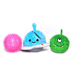 Starts as a spaceship, chew and work on it for awhile and then you'll get an alien! Continue with play until it becomes a prickly ball! Starts as a spaceship, chew and work on it for awhile and then you'll get an alien! Continue with play until it becomes a prickly ball!