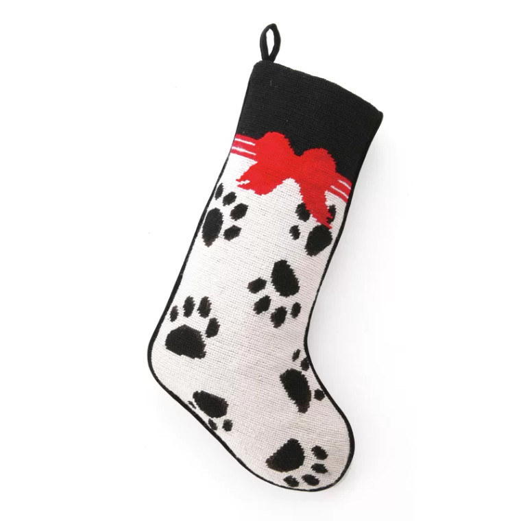 Black and White Paw Print Christmas Stocking with Red Bow - Needlepoint Hand-Stitched