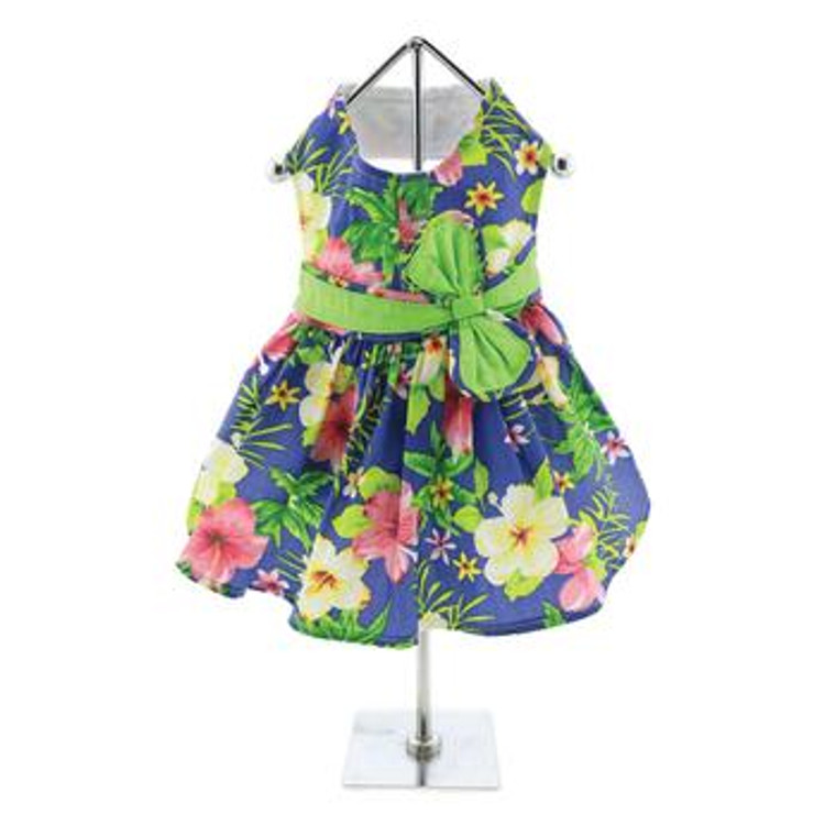 Blue Lagoon Hawaiian Hibiscus Harness Dress for Dogs with Matching Leash