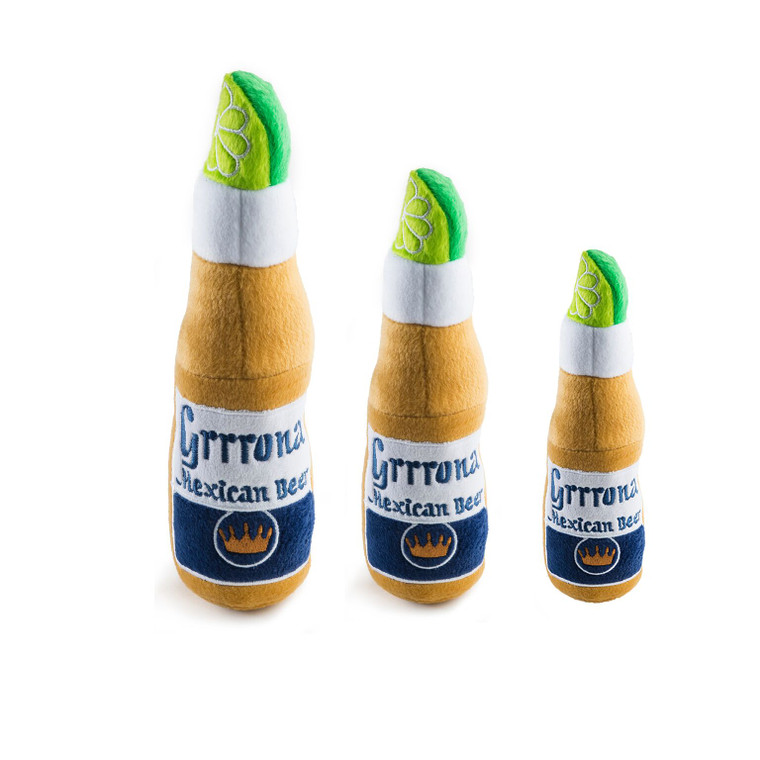 Grrrona Beer Toy from the Muttini Bar Collection where it is ALWAYS Happy Hour!
Lg Grrrona is 8" and is best for the not too serious chewers, medium sized dog.
If your medium dog is a serious chewer, try then XL, as it has a durable mesh liner.