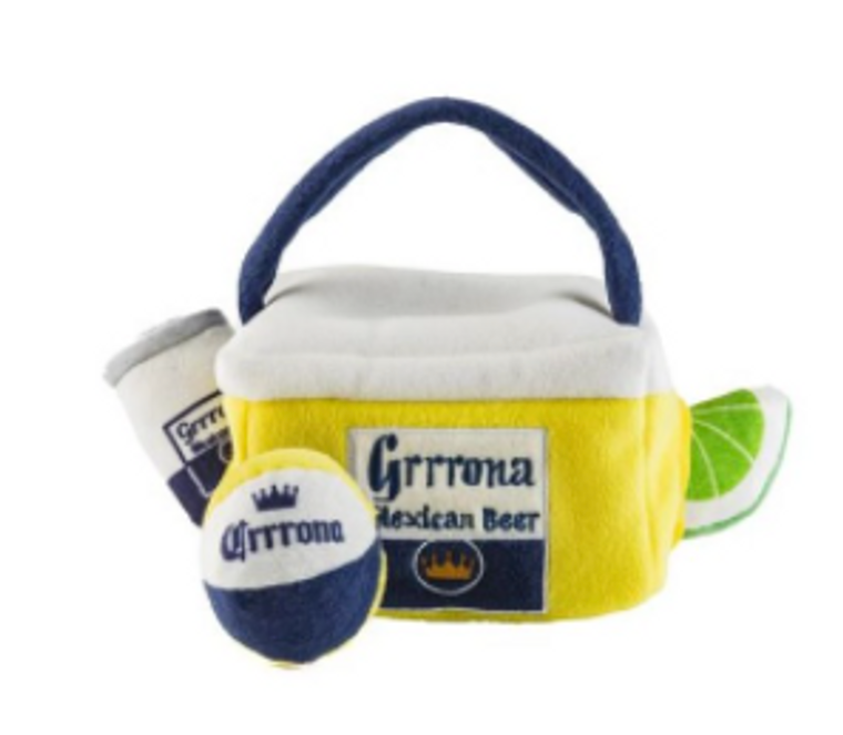 Grrona Beer Cooler
Interactive hide and seek Grrrona Beach Cooler Toy!
Grrrona Beach Cooler measures 5.5" L x 5" W x 8" H
3 mini squeaker toys inside