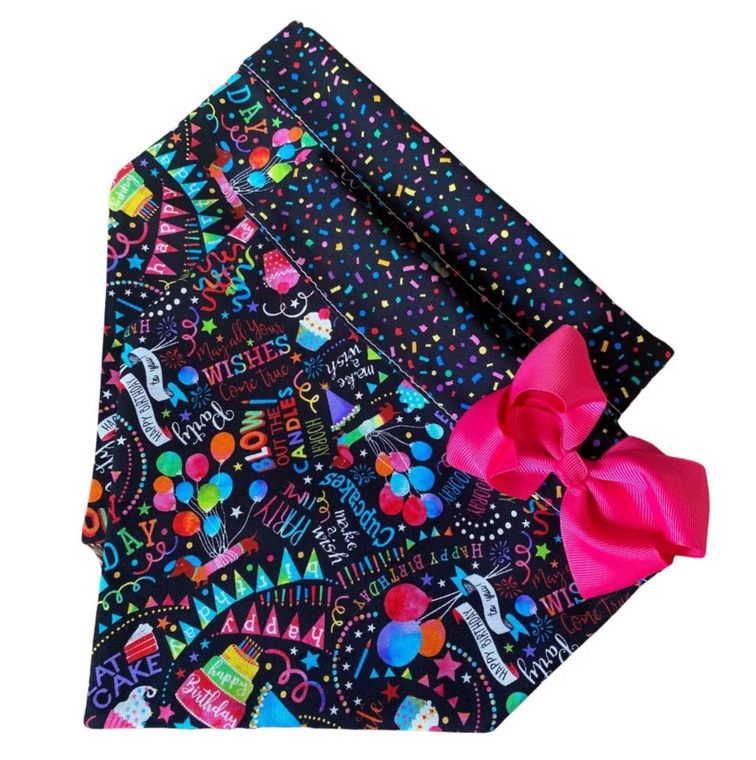 Balloons, candles, hats....All things Birthday on black with confetti on back.