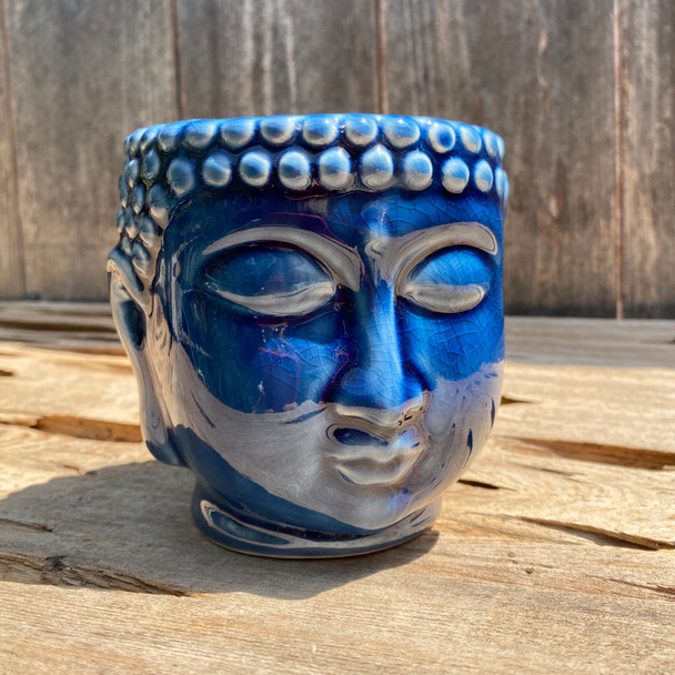 Blue Crackle Glaze Buddha Head Planter Medium