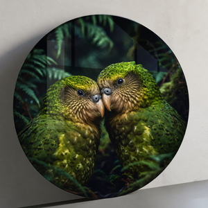 Kakapo Kiss glass circular wall art