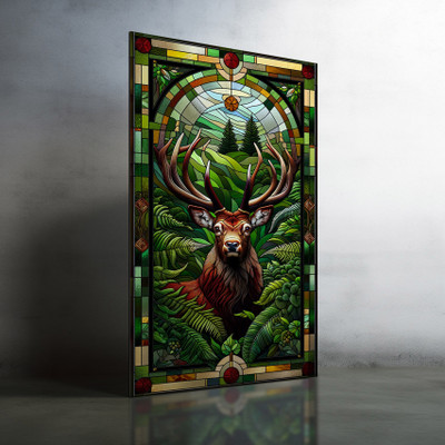 Stag Sanctuary stained glass style wall art