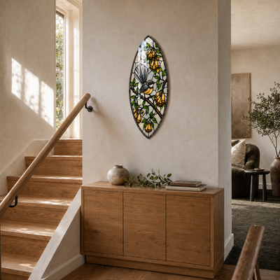Golden Song Fantail glass wall art