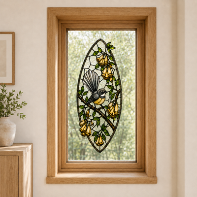 'Golden Song' Fantail stained glass decal for glass