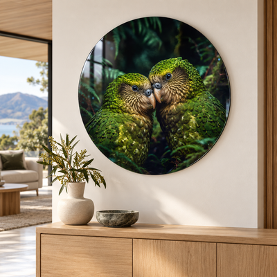 Kakapo Kiss glass circular wall art
