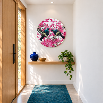 Spring Serenade printed circular glass Tui and blossom NZ wall art