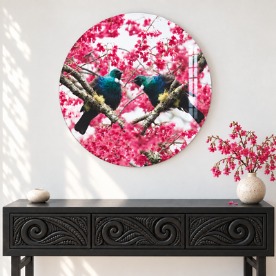 Spring Serenade printed circular glass Tui and blossom NZ wall art