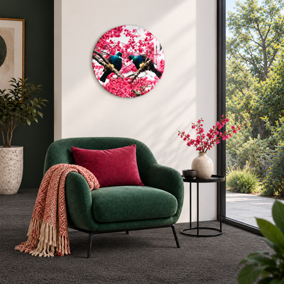Spring Serenade printed circular glass Tui and blossom NZ wall art