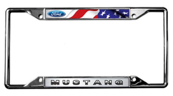 Chrome Lite License Plate Frame Fits Ford Mustang w/USA Flag