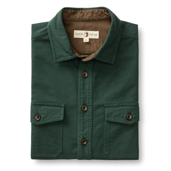 Duck Head Long Sleeve Slater Moleskin Overshirt men’s shirt front view| color: Green| C. Field & Roe - Dublin, Ohio