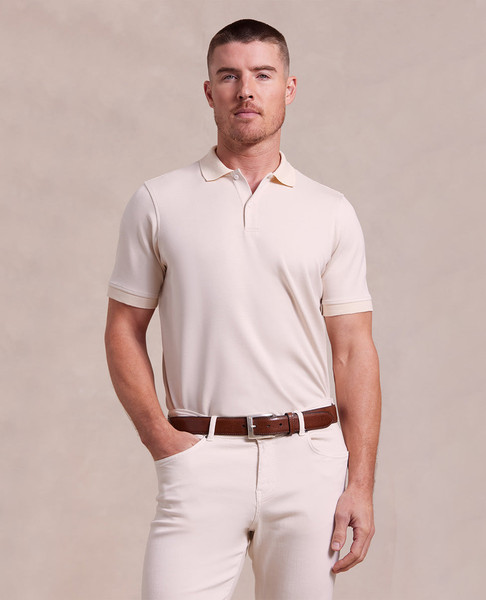 Rye 51 The Holden - Sand Washed Double Knit Short Sleeve Polo men’s polo front view |  color: Sand | C. Field & Roe - Dublin, Ohio