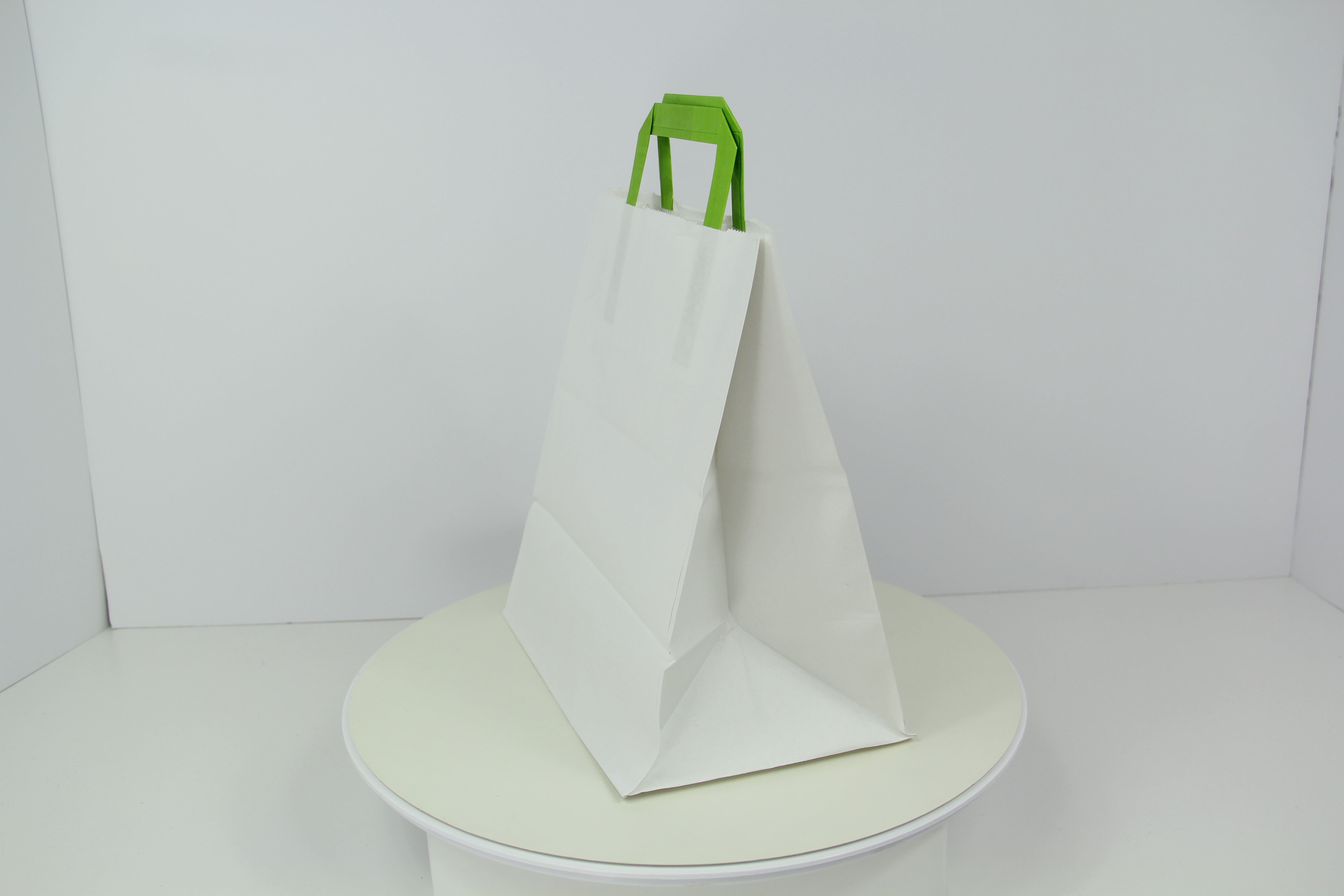 White Paper Bag with Green Handles H:11in Gusset:6.6 x 10.3in - 250 pcs -  BioandChic