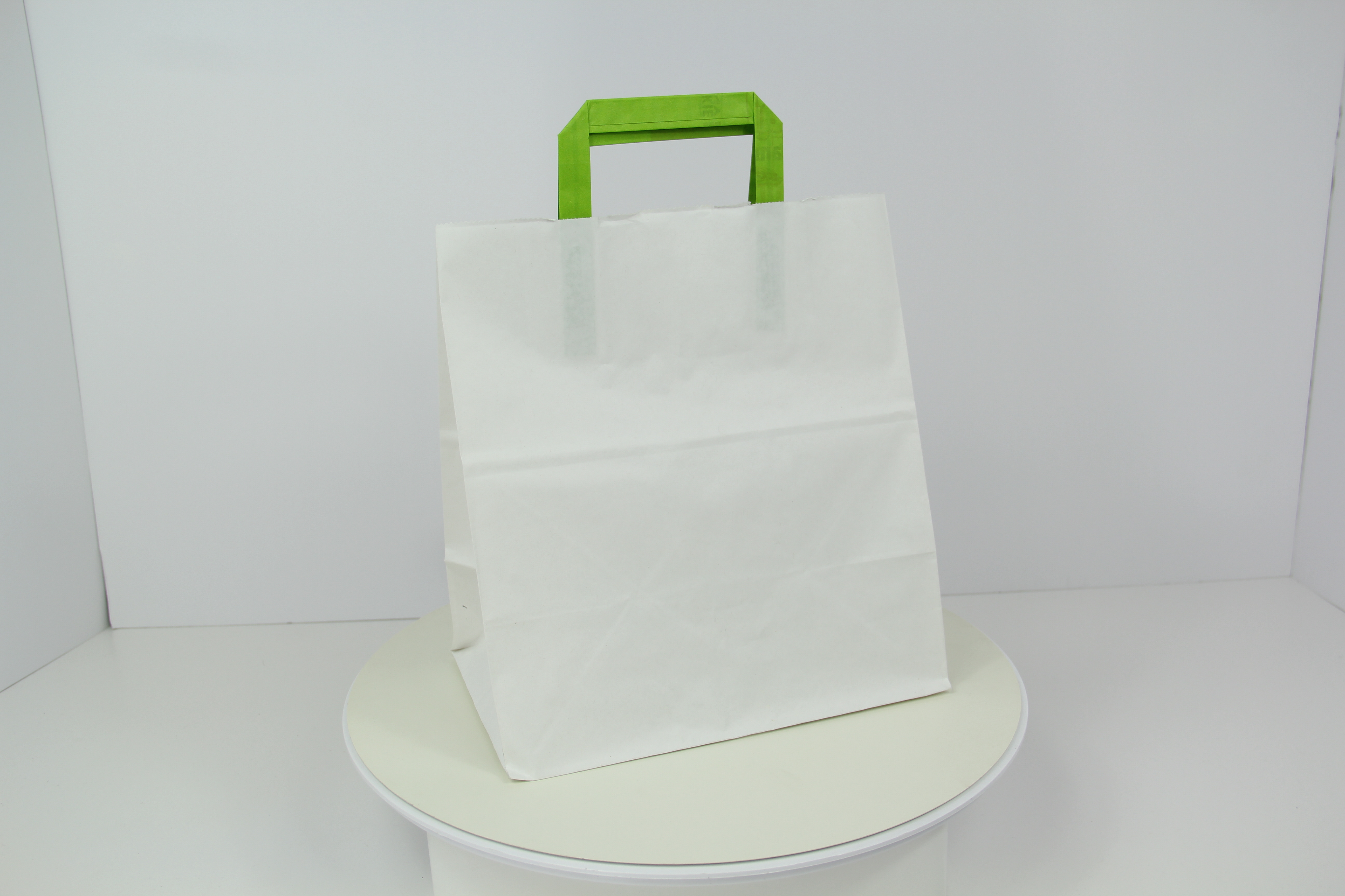 White Paper Bag with Green Handles W:10.3in Gusset:6.6in H