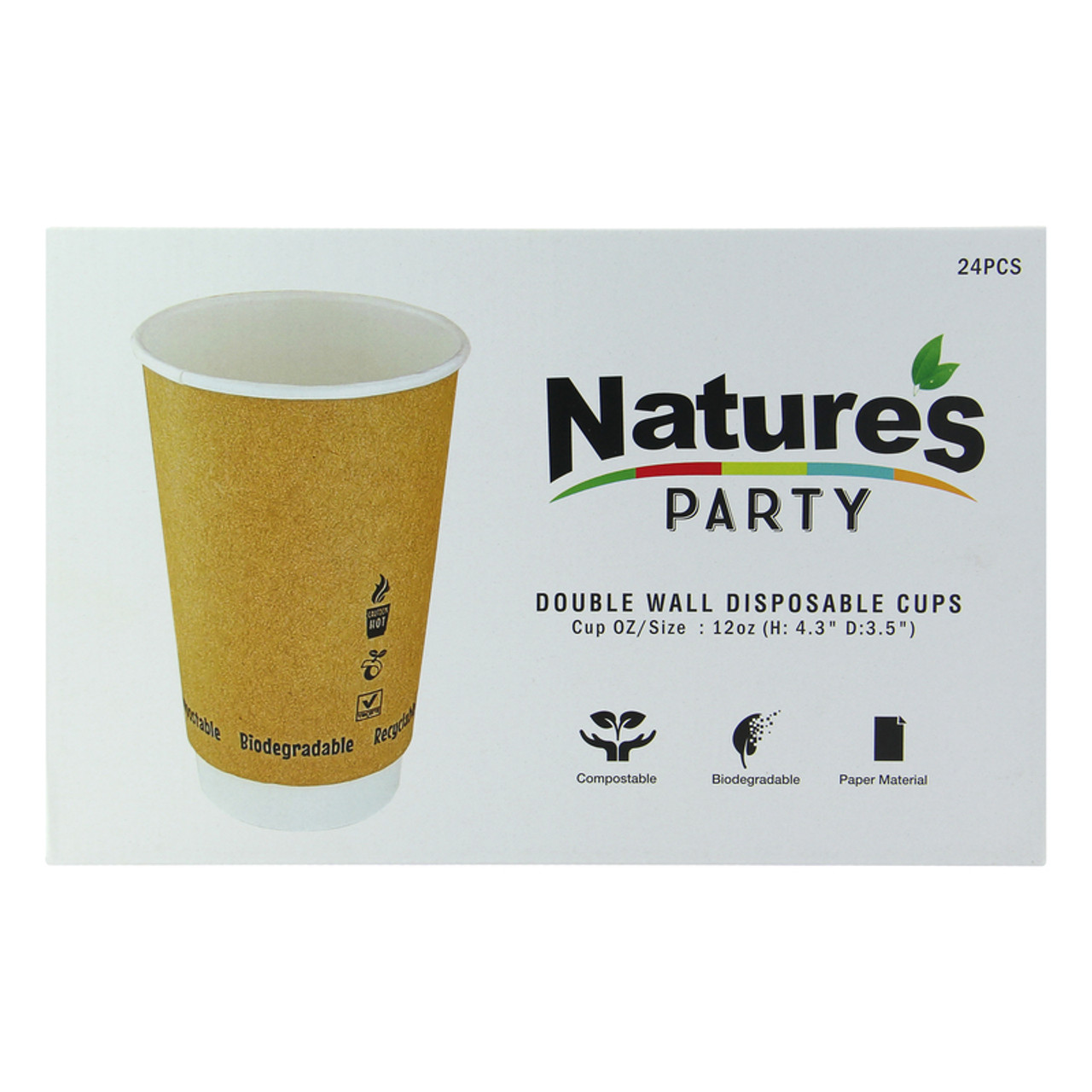 8NPGCDW12KR Double Wall Kraft Compostable Paper Cup 12oz D:3.5in H:4.3in - 24 pcs