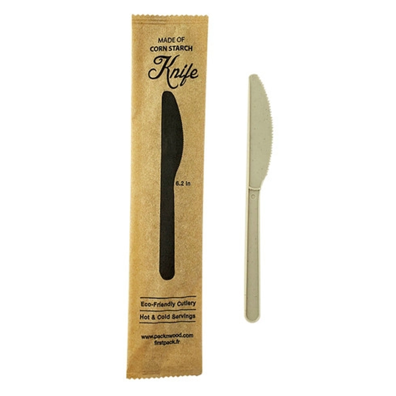 Compostable & Heat Proof Corn - Bamboo Fiber Knife Individually Wrapped In a Paper Wrapper L:6in W:1.97in - 500 pcs