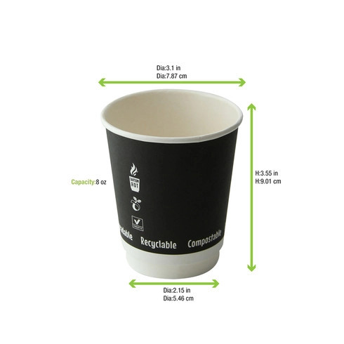 Double Wall Black Compostable Paper Cup 8oz D:3.15in H:3.5in - 25 pcs ...