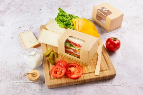 Brown compostable wrap box with PLA window 20oz L:4.9in W:3in H:2.8in ...