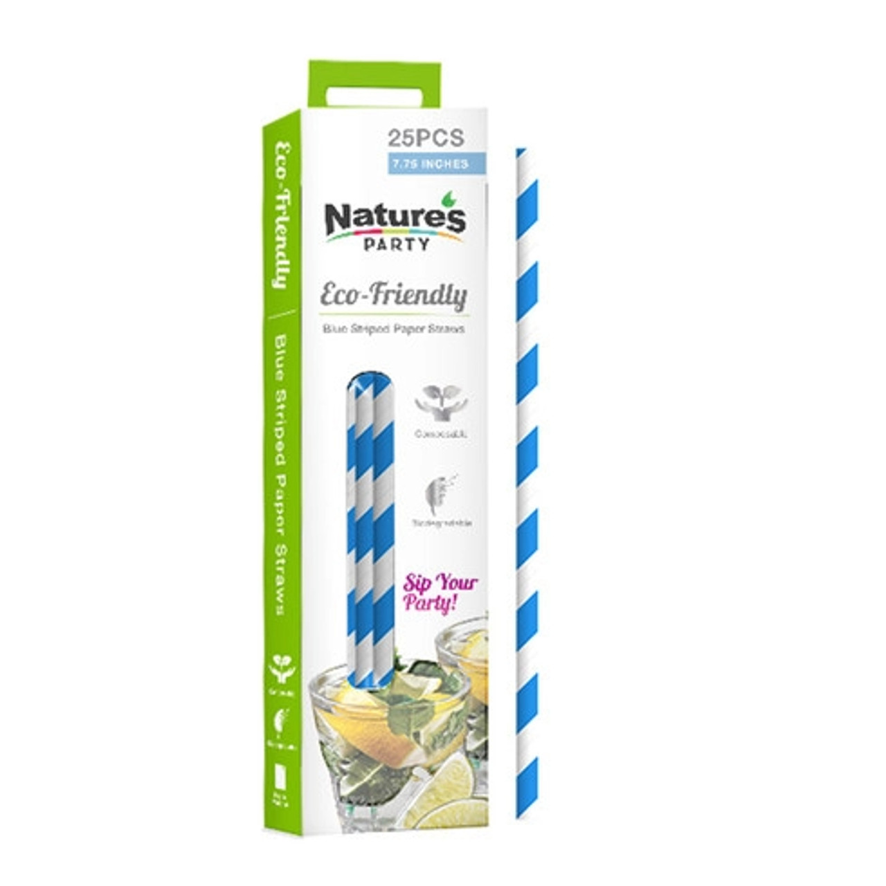 Durable Blue & White Striped Paper Straws - Unwrapped D:0.23in L:7.75in - 25 pcs