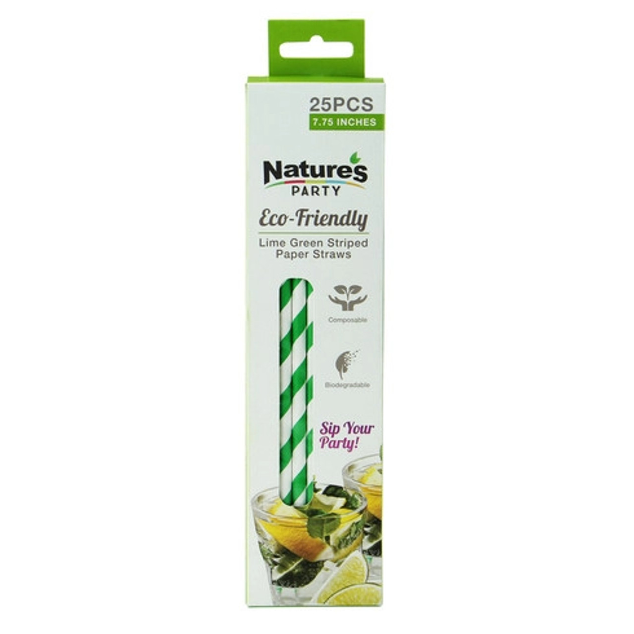 Durable Green & White Striped Paper Straws - Unwrapped D:0.23in L:7.75in - 25 pcs
